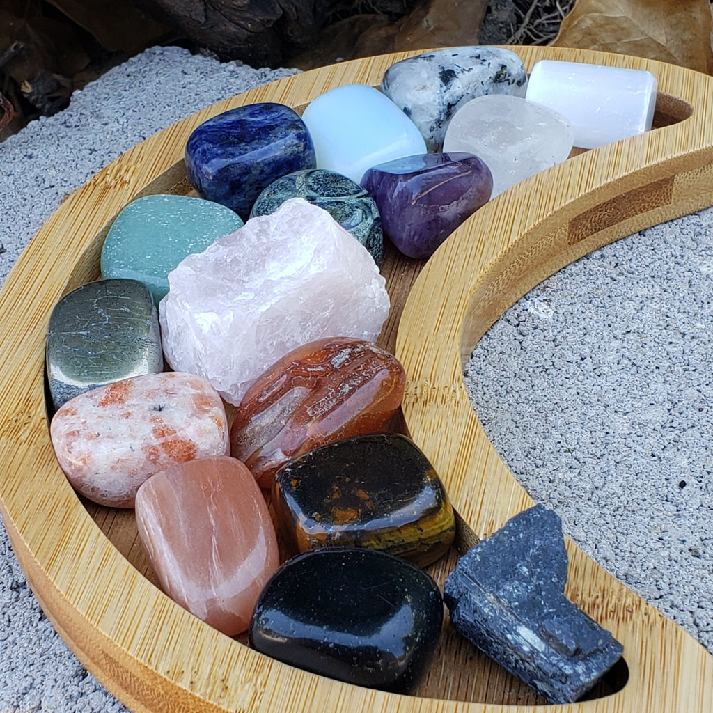 Crystal Tumble Set with Bamboo Moon Tray - 16 Healing Crystals Gemstones Inside Crystal Storage Wooden Moon Tray (8.5" x 6" x 0.50") Display