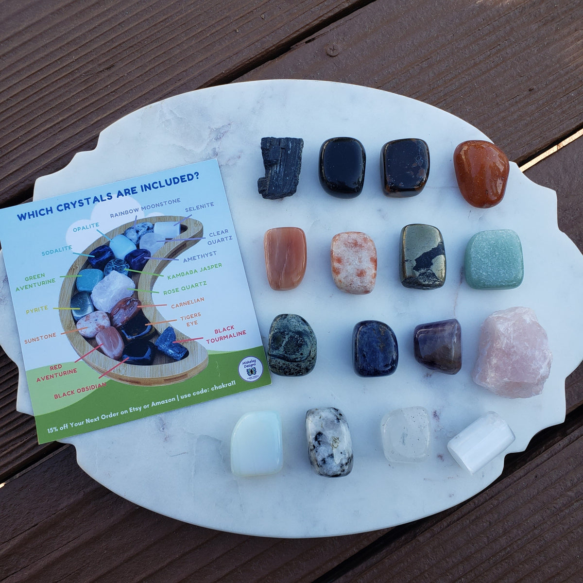Crystal Tumble Set with Bamboo Moon Tray - 16 Healing Crystals Gemstones Inside Crystal Storage Wooden Moon Tray (8.5" x 6" x 0.50") Display