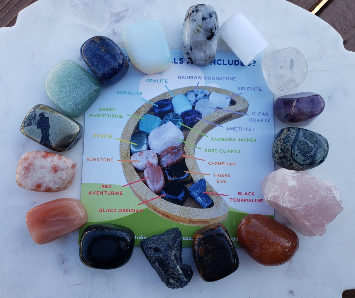 Crystal Tumble Set with Bamboo Moon Tray - 16 Healing Crystals Gemstones Inside Crystal Storage Wooden Moon Tray (8.5" x 6" x 0.50") Display