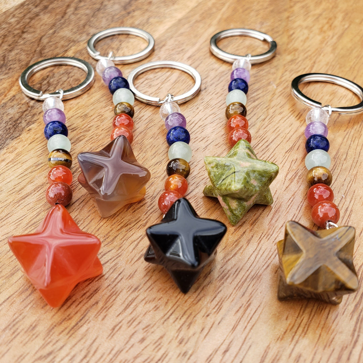 Merkaba Chakra Keychain - Unakite, Carnelian, Obsidian, Orca Agate, Tigers Eye - Crystal Key Fob Rainbow Healing Crystals