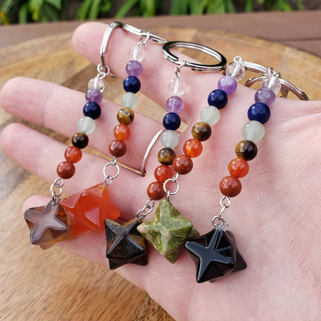 Merkaba Chakra Keychain - Unakite, Carnelian, Obsidian, Orca Agate, Tigers Eye - Crystal Key Fob Rainbow Healing Crystals