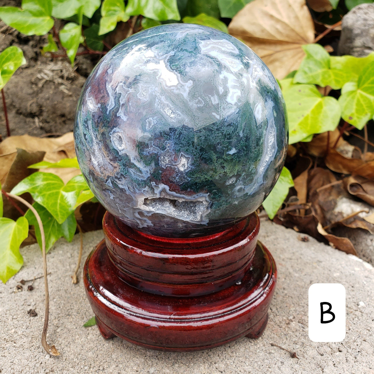Big Moss Agate Sphere with Rotating Wood Stand - Grounding, Reflection, New Beginnings - 4.25" Large Moss Agate Crystal Ball Healing Crystal