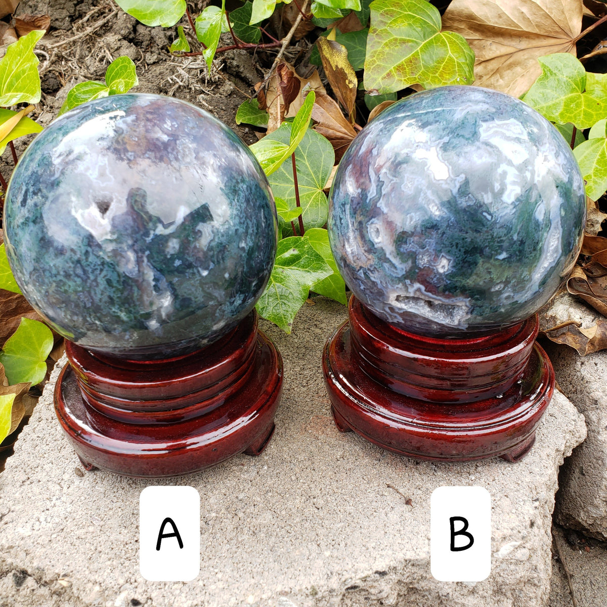 Big Moss Agate Sphere with Rotating Wood Stand - Grounding, Reflection, New Beginnings - 4.25" Large Moss Agate Crystal Ball Healing Crystal