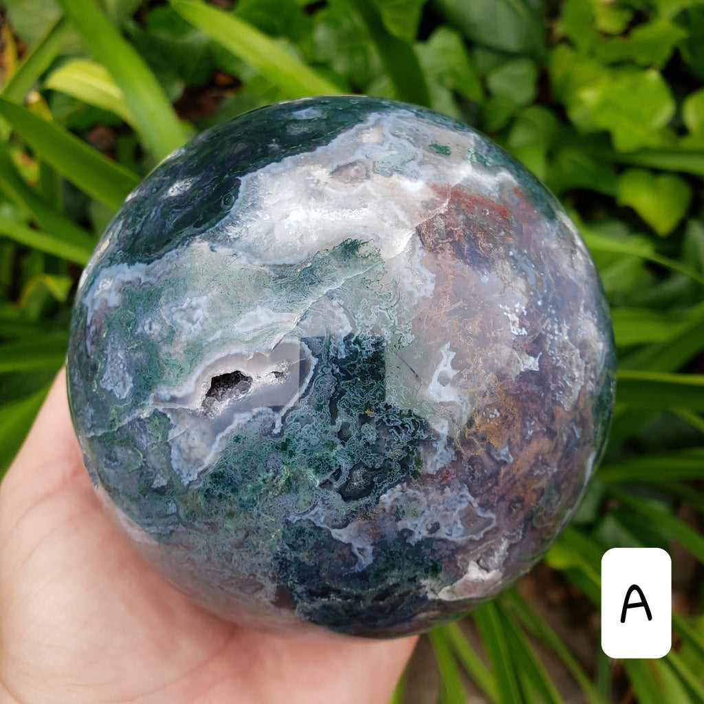 Big Moss Agate Sphere with Rotating Wood Stand - Grounding, Reflection, New Beginnings - 4.25" Large Moss Agate Crystal Ball Healing Crystal