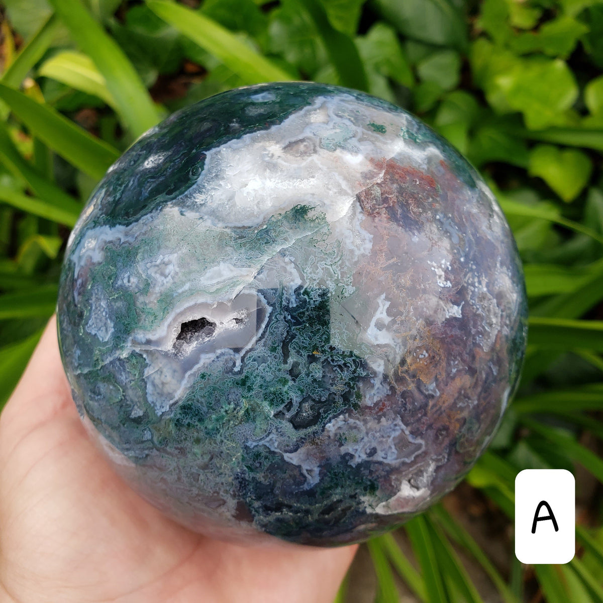 Big Moss Agate Sphere with Rotating Wood Stand - Grounding, Reflection, New Beginnings - 4.25" Large Moss Agate Crystal Ball Healing Crystal