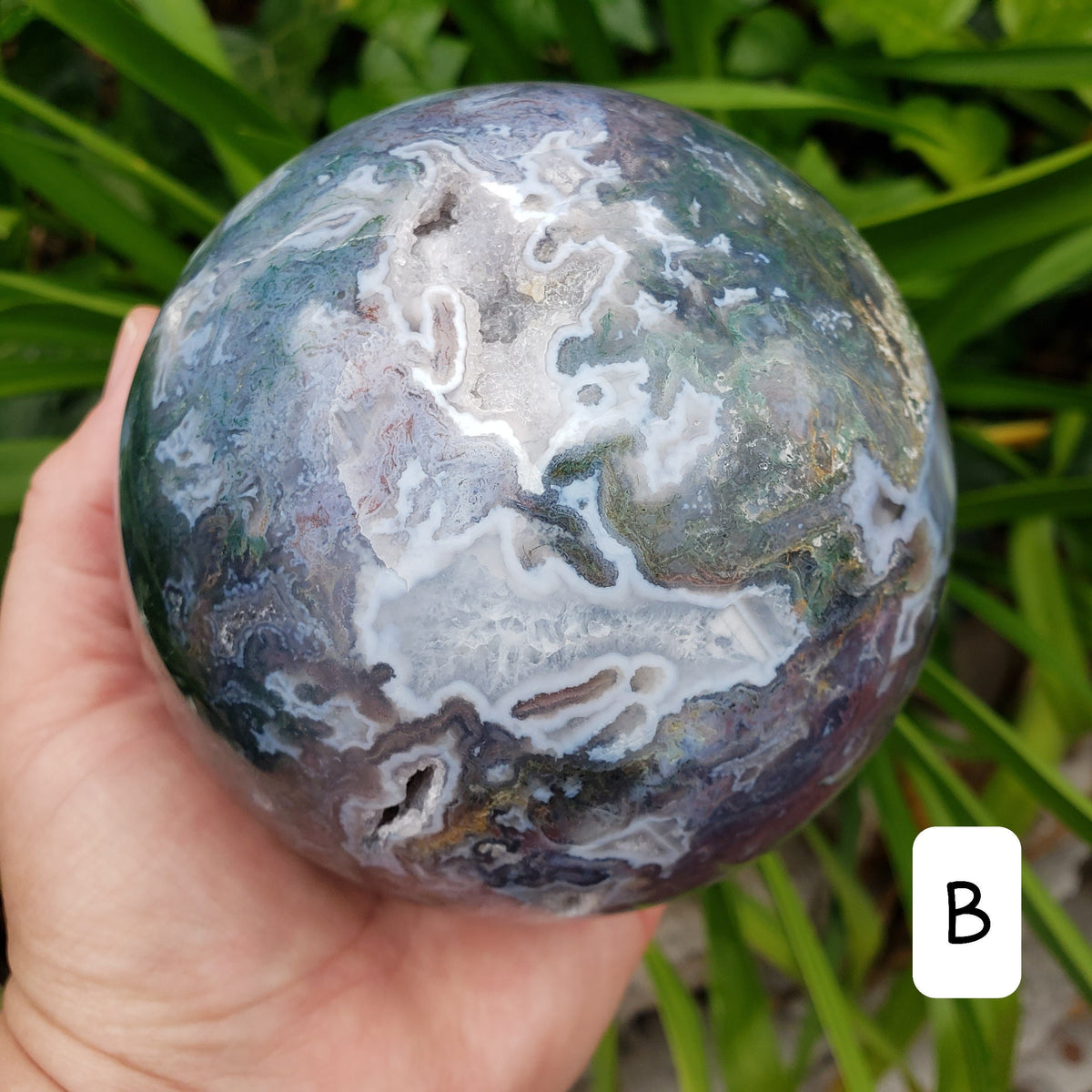 Big Moss Agate Sphere with Rotating Wood Stand - Grounding, Reflection, New Beginnings - 4.25" Large Moss Agate Crystal Ball Healing Crystal