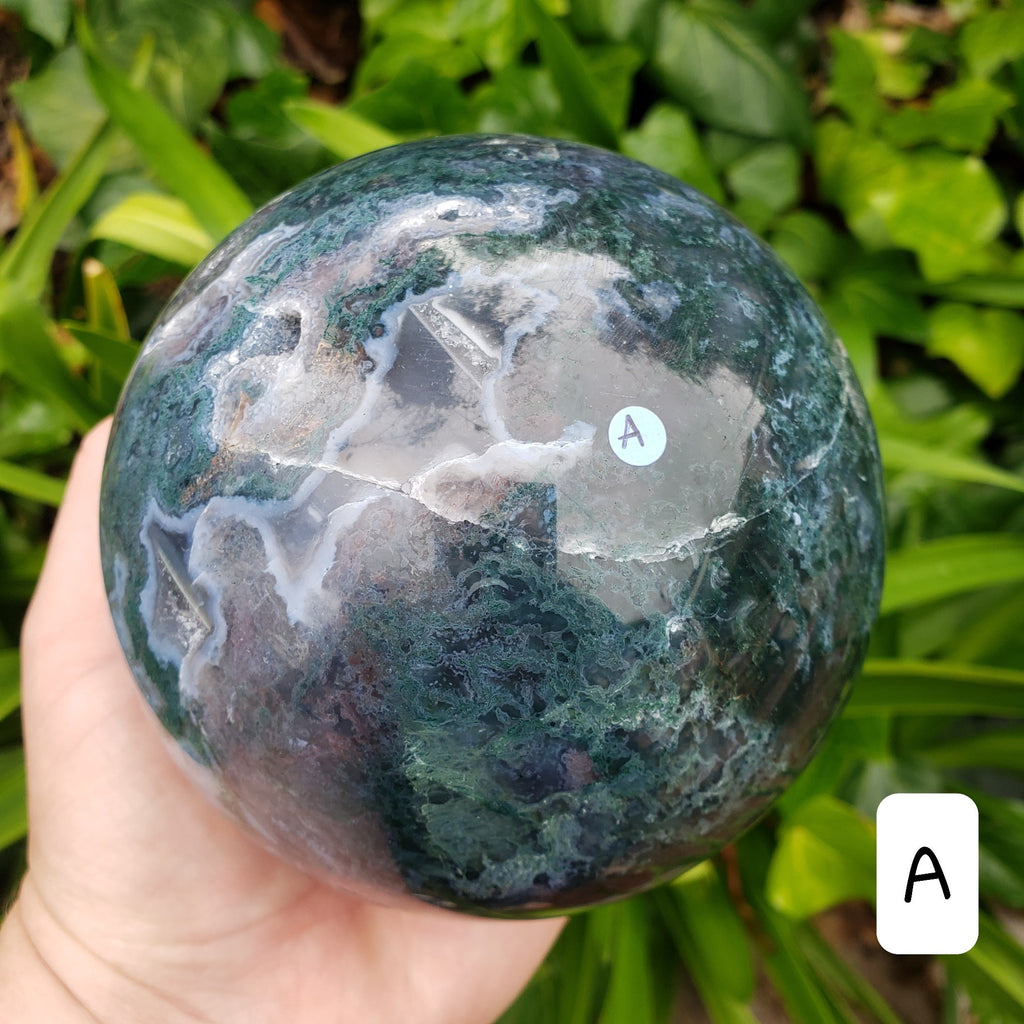 Big Moss Agate Sphere with Rotating Wood Stand - Grounding, Reflection, New Beginnings - 4.25" Large Moss Agate Crystal Ball Healing Crystal