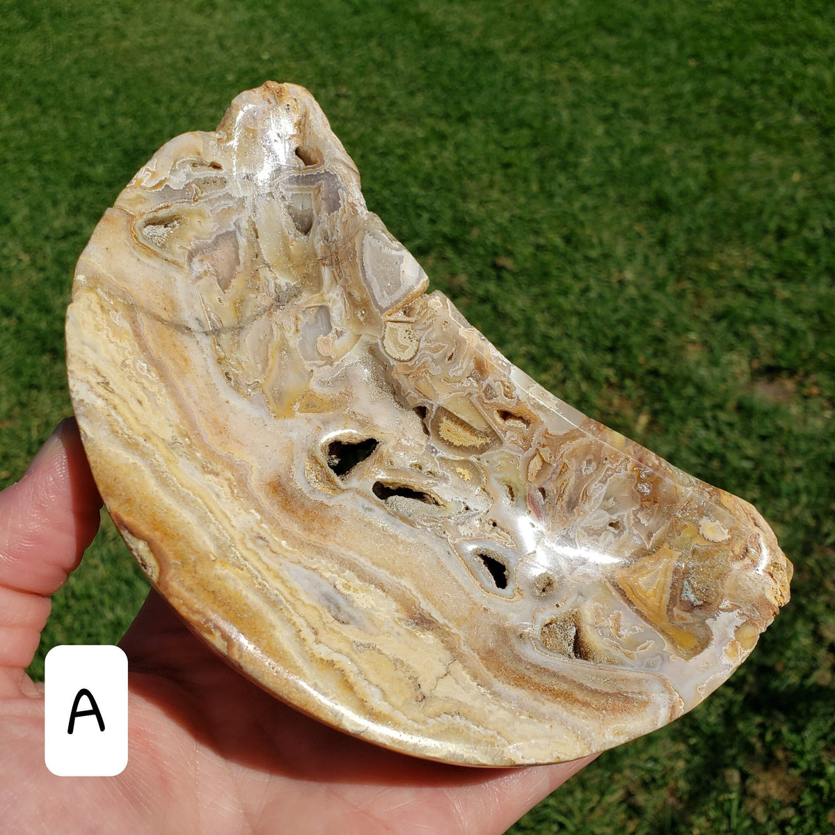 Yellow Lace Agate Crescent Moon Tray - Strength, Courage, Emotional Stability - Crystal Moon Trinket Dish Healing Gemstone