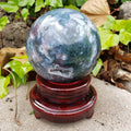 Big Moss Agate Sphere with Rotating Wood Stand - Grounding, Reflection, New Beginnings - 4.25" Large Moss Agate Crystal Ball Healing Crystal
