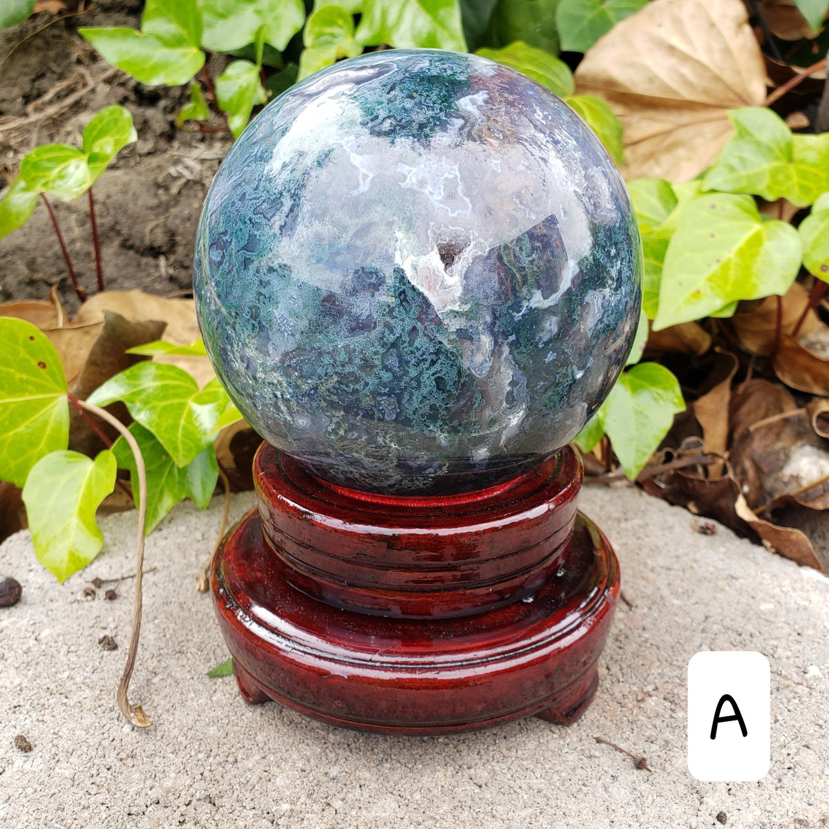 Big Moss Agate Sphere with Rotating Wood Stand - Grounding, Reflection, New Beginnings - 4.25" Large Moss Agate Crystal Ball Healing Crystal