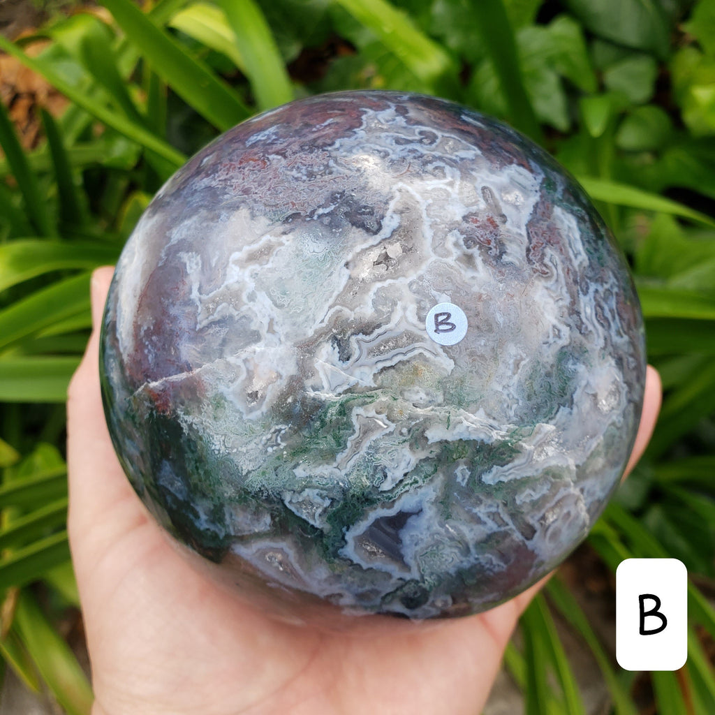 Big Moss Agate Sphere with Rotating Wood Stand - Grounding, Reflection, New Beginnings - 4.25" Large Moss Agate Crystal Ball Healing Crystal