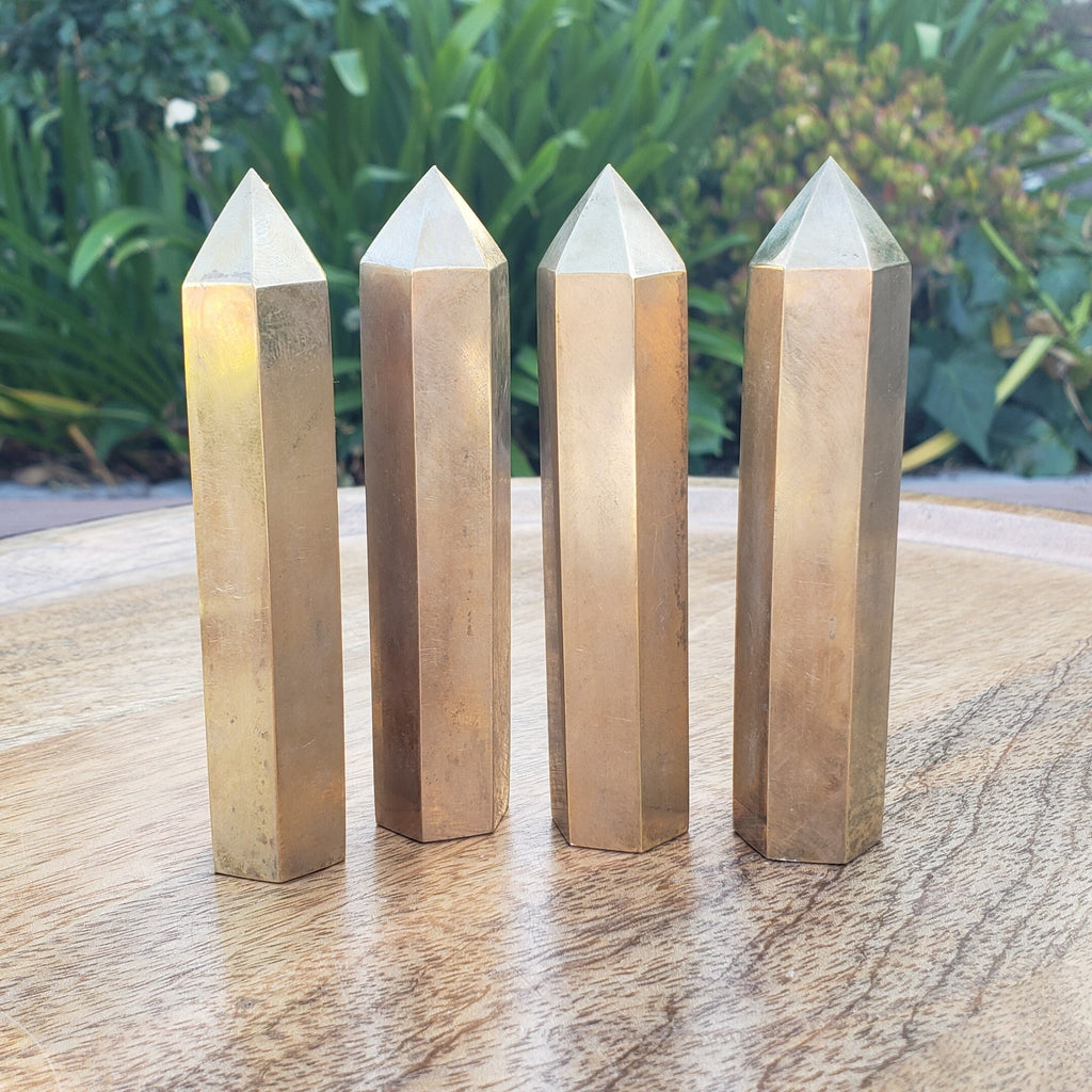 Gold Brass Tower (made of Copper & Zinc) - Purify, Blocks Negativity, Wealth, Emotional Healing - Stone Point Healing Obelisk 3.15" tall