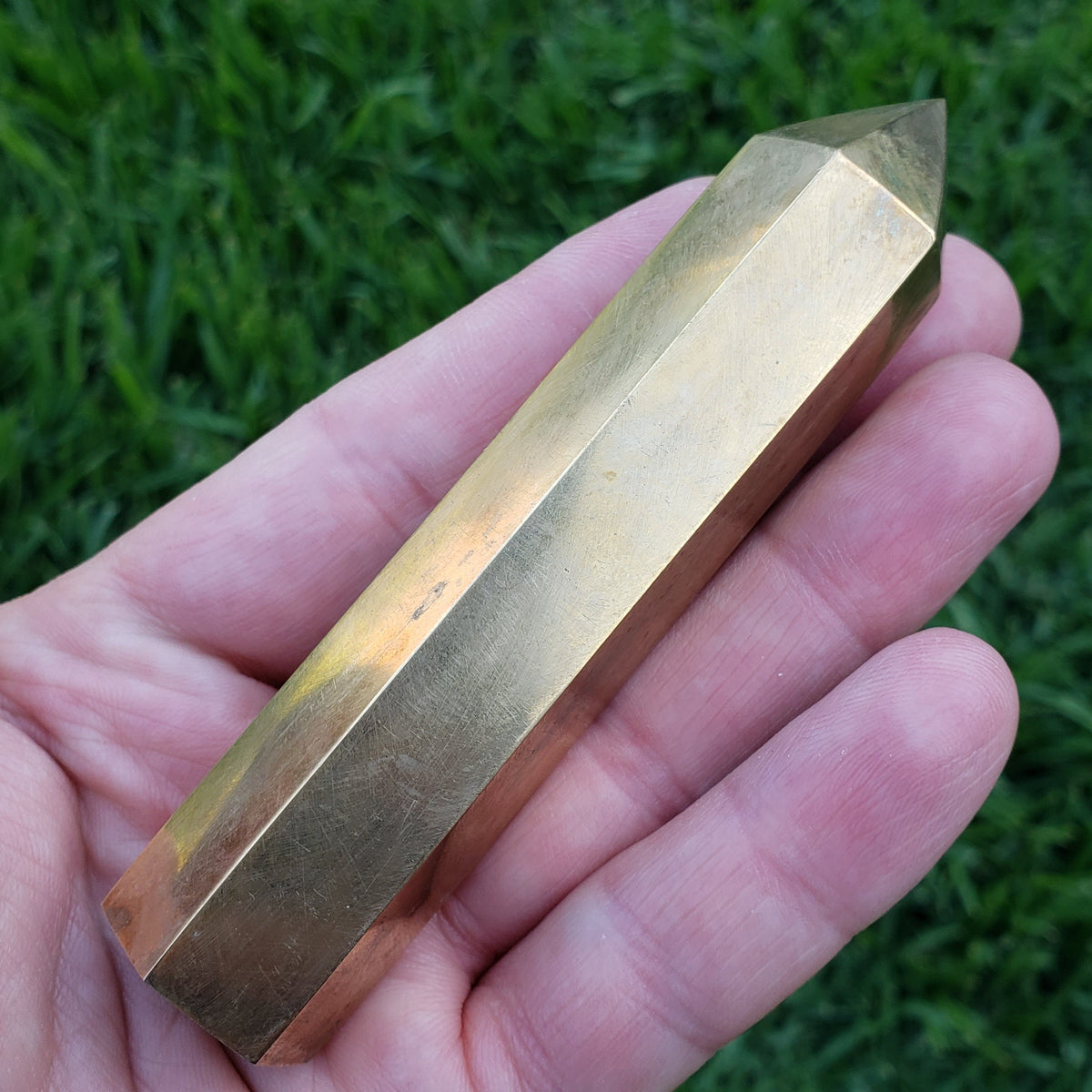 Gold Brass Tower (made of Copper & Zinc) - Purify, Blocks Negativity, Wealth, Emotional Healing - Stone Point Healing Obelisk 3.15" tall