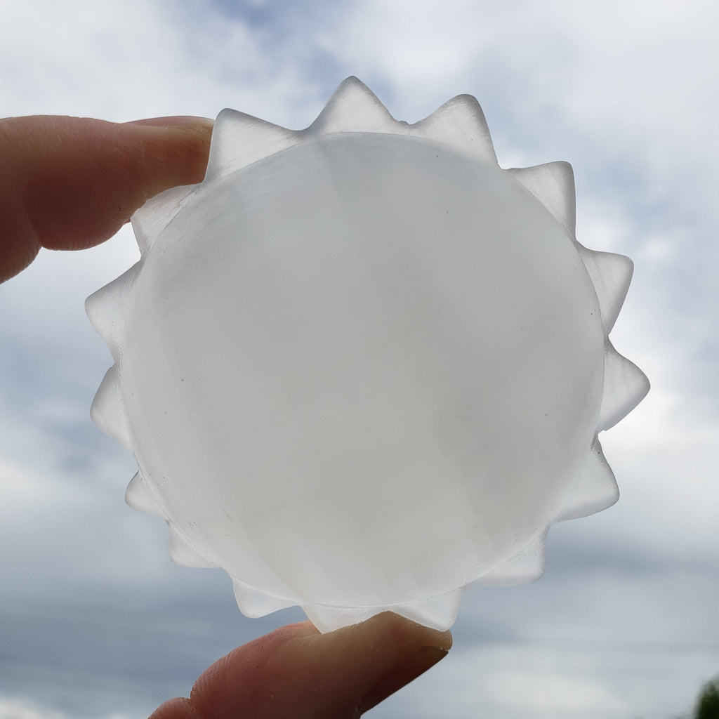 3D Selenite Sun Carving - Tranquility, Blessings, Love & Light - Satin Spar Selenite Crystal Sun Healing Gemstone
