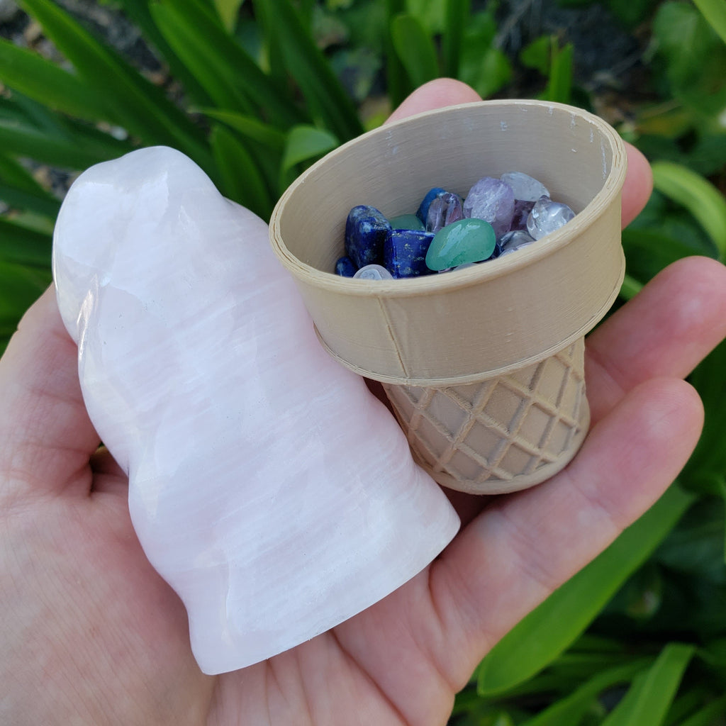 Pink Calcite Flame with Ice Cream Cone Stand - Glowing Crystal with UV Light - Emotional Healing, Pure Love - Pink Mangano Healing Gemstones