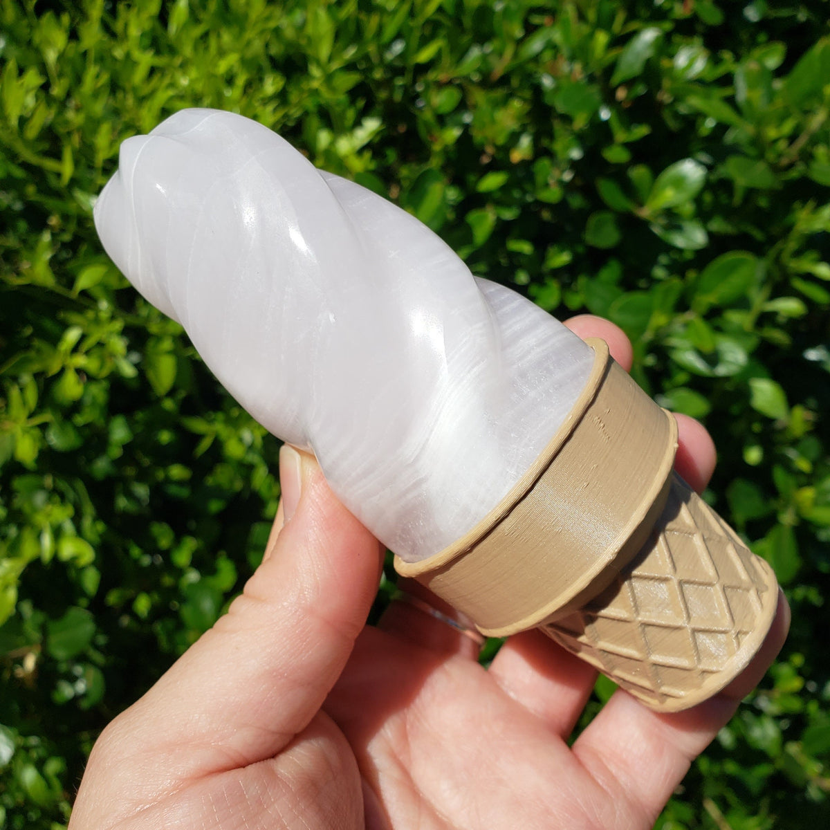 Pink Calcite Flame with Ice Cream Cone Stand - Glowing Crystal with UV Light - Emotional Healing, Pure Love - Pink Mangano Healing Gemstones