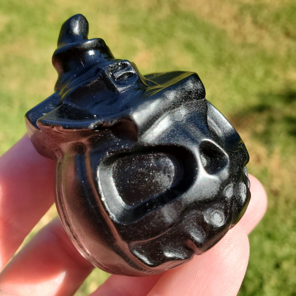 Obsidian Pumpkin with Witch Hat - Self Reflection, Release Negative Energies - Obsidian Jack O Lantern Crystal Gemstones Halloween Decor