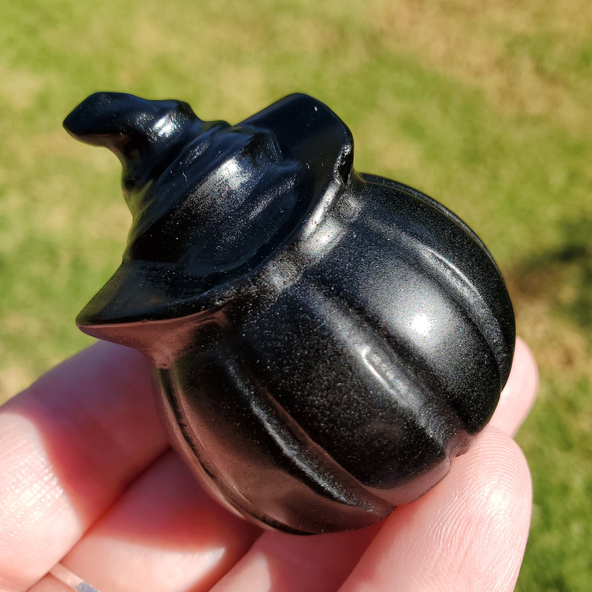 Obsidian Pumpkin with Witch Hat - Self Reflection, Release Negative Energies - Obsidian Jack O Lantern Crystal Gemstones Halloween Decor