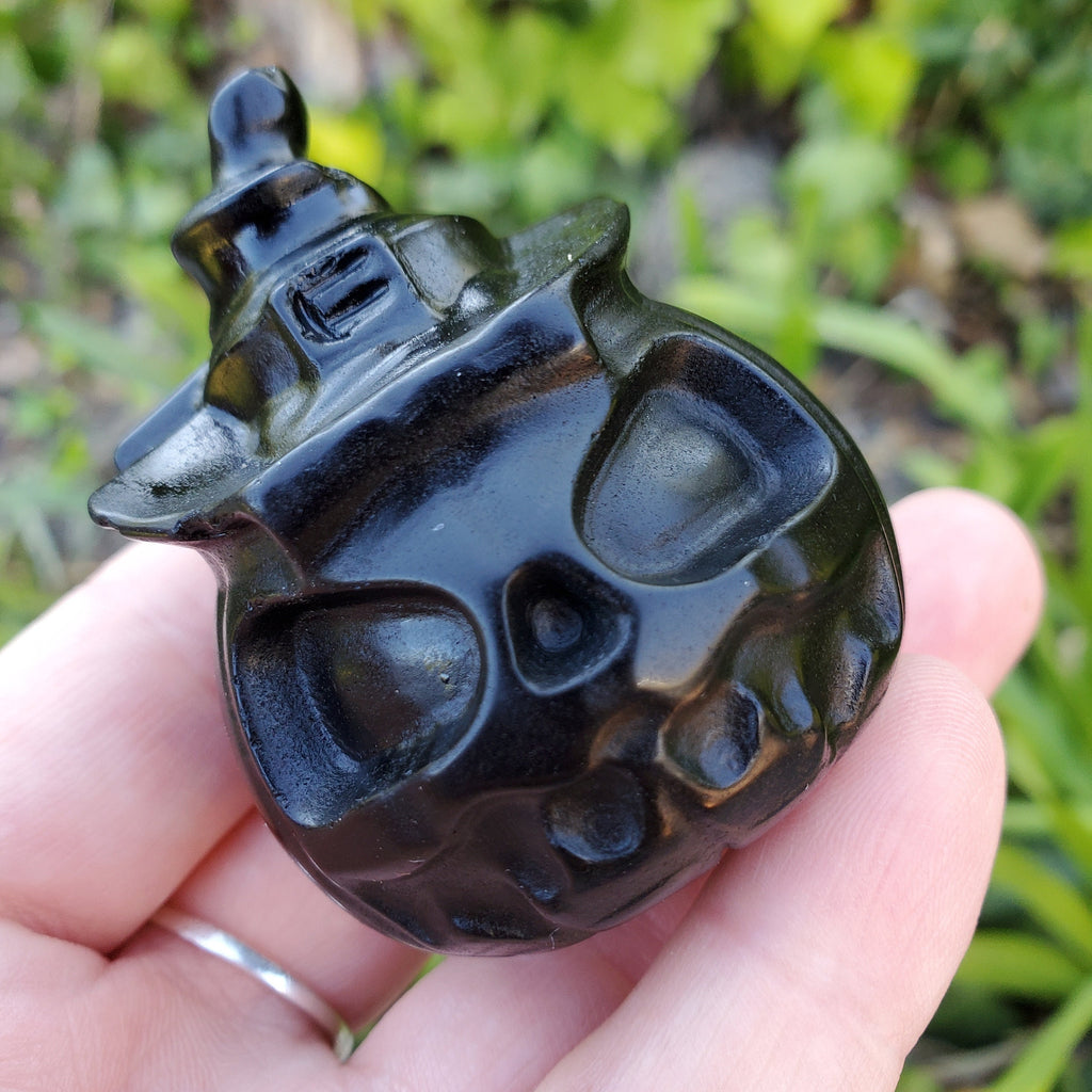 Obsidian Pumpkin with Witch Hat - Self Reflection, Release Negative Energies - Obsidian Jack O Lantern Crystal Gemstones Halloween Decor