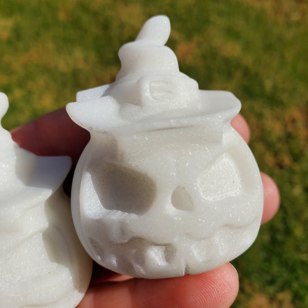 White Jade Pumpkin with Witch Hat - Peaceful, Calm, Love Energy - 2.25" White Jack O Lantern Carving Healing Gemstones Halloween