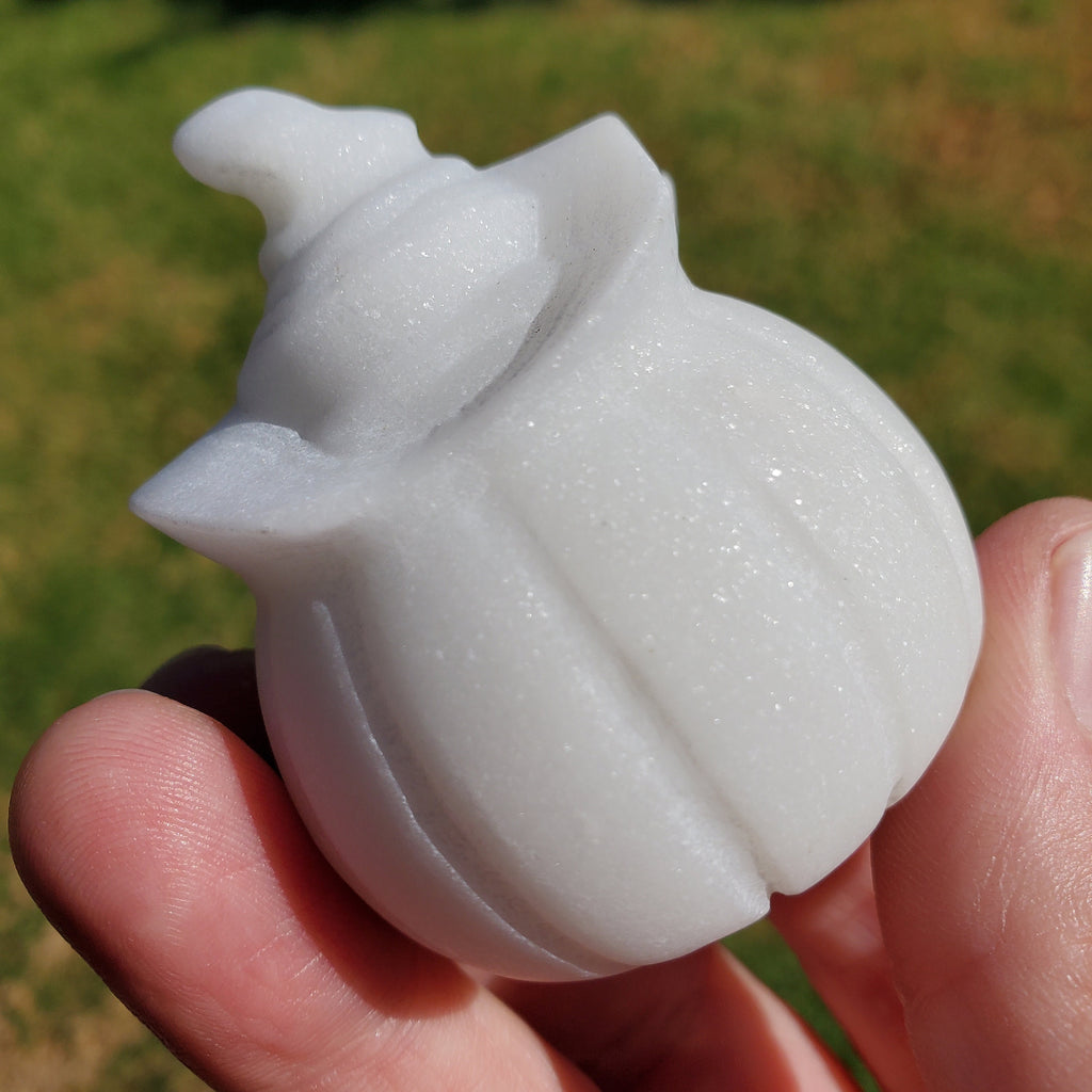 White Jade Pumpkin with Witch Hat - Peaceful, Calm, Love Energy - 2.25" White Jack O Lantern Carving Healing Gemstones Halloween