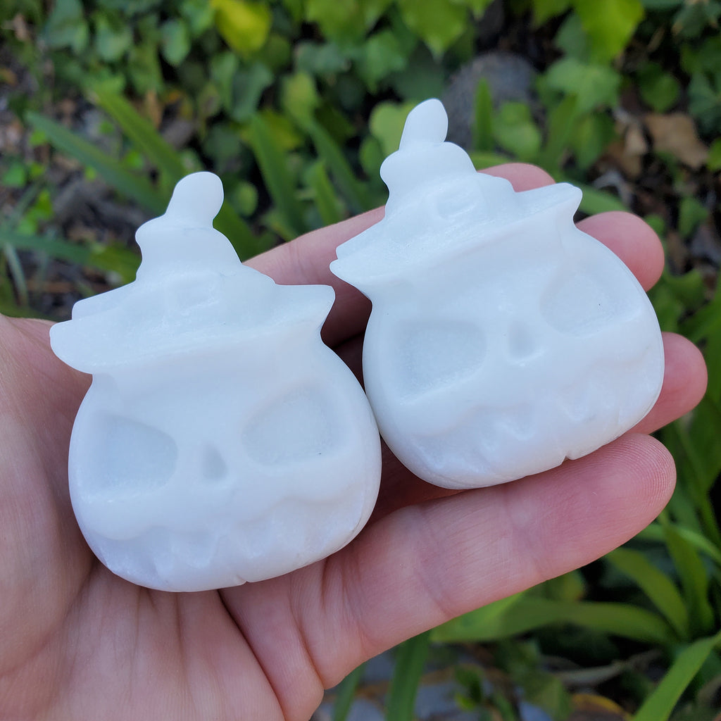 White Jade Pumpkin with Witch Hat - Peaceful, Calm, Love Energy - 2.25" White Jack O Lantern Carving Healing Gemstones Halloween