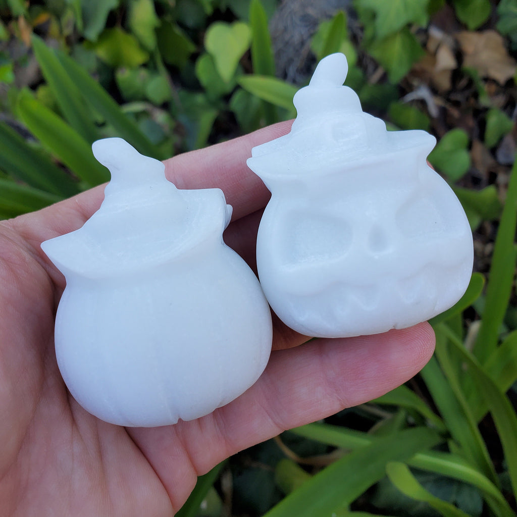 White Jade Pumpkin with Witch Hat - Peaceful, Calm, Love Energy - 2.25" White Jack O Lantern Carving Healing Gemstones Halloween