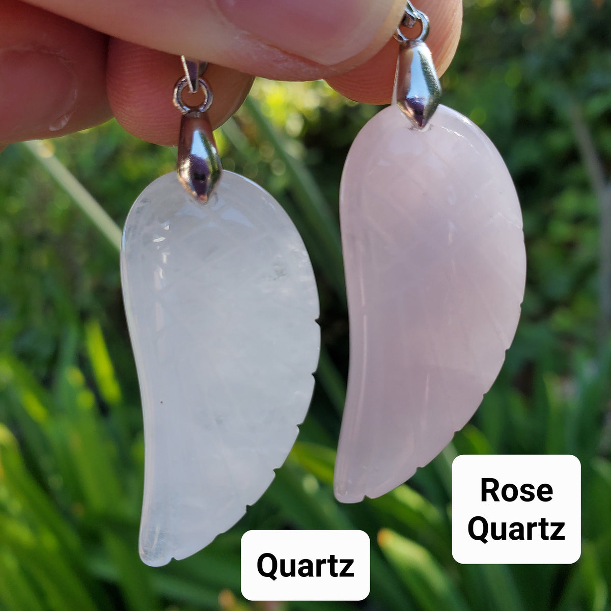 Angel Wing Pendant with Black Cord - Rainbow Fluorite, Rose Quartz, Strawberry Quartz, Caribbean Calcite, Obsidian Adjustable Necklace