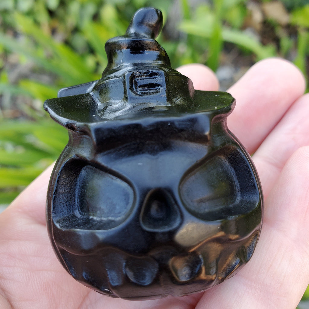 Obsidian Pumpkin with Witch Hat - Self Reflection, Release Negative Energies - Obsidian Jack O Lantern Crystal Gemstones Halloween Decor