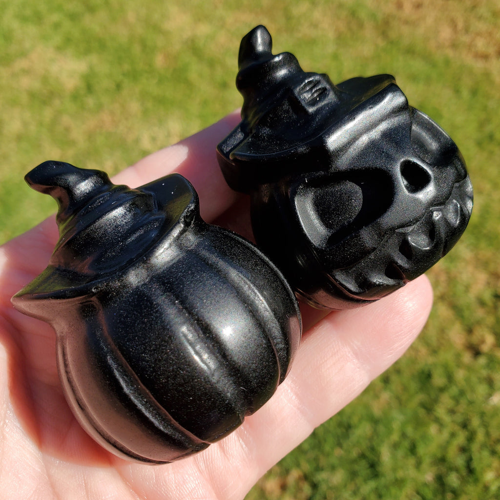 Obsidian Pumpkin with Witch Hat - Self Reflection, Release Negative Energies - Obsidian Jack O Lantern Crystal Gemstones Halloween Decor