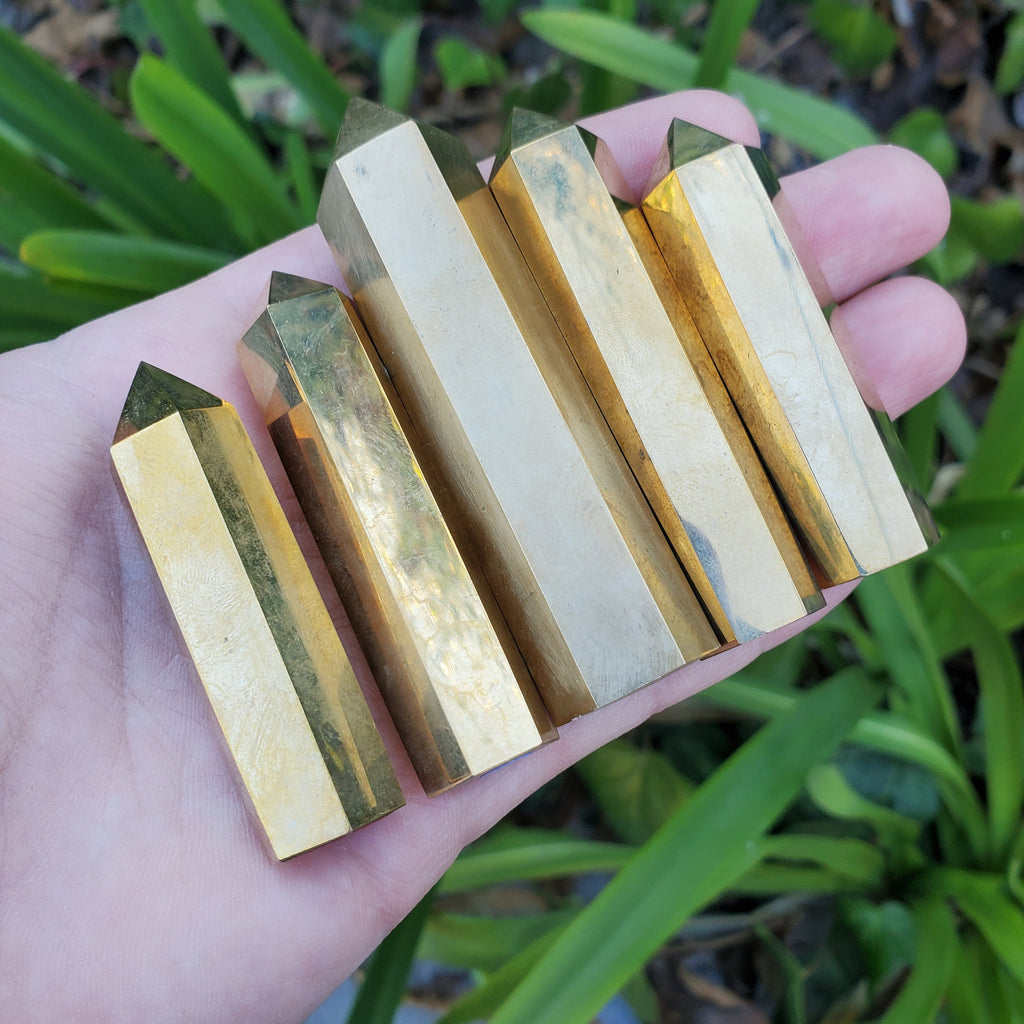 Gold Brass Tower (made of Copper & Zinc) - Purify, Blocks Negativity, Wealth, Emotional Healing - Stone Point Healing Obelisk 3.15" tall