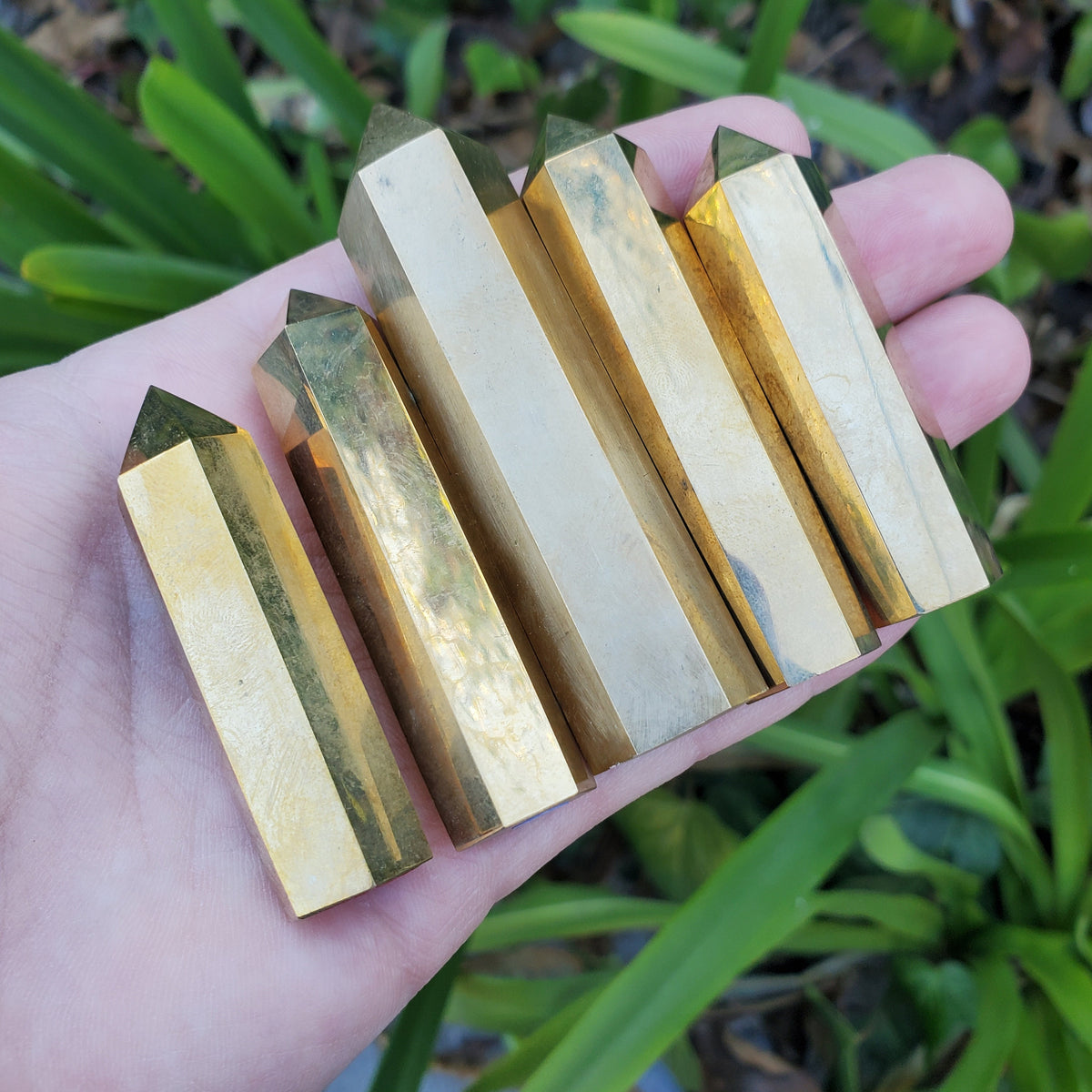 Gold Brass Tower (made of Copper & Zinc) - Purify, Blocks Negativity, Wealth, Emotional Healing - Stone Point Healing Obelisk 3.15" tall