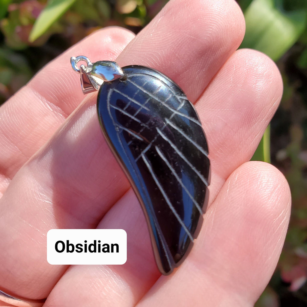 Angel Wing Pendant with Black Cord - Rainbow Fluorite, Rose Quartz, Strawberry Quartz, Caribbean Calcite, Obsidian Adjustable Necklace