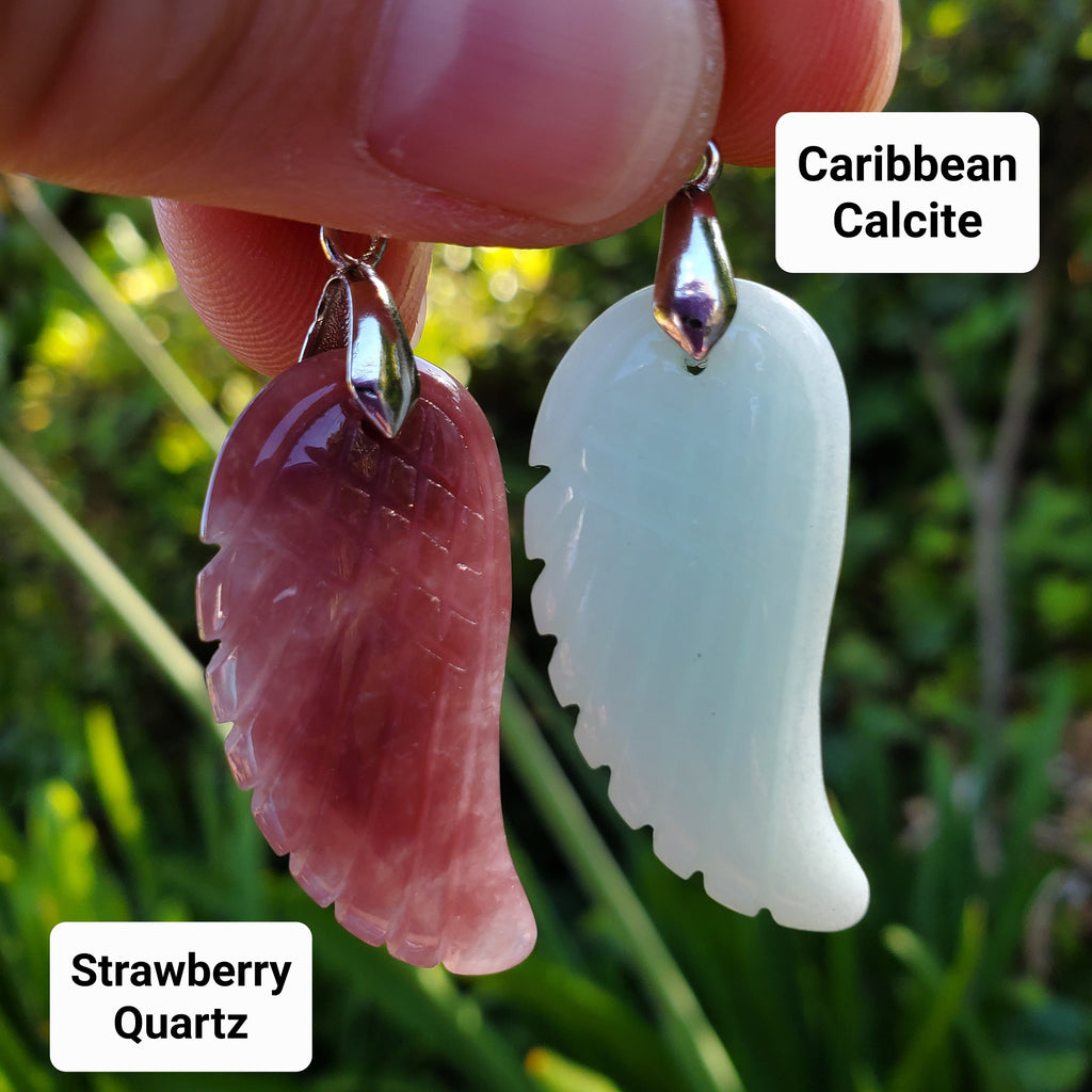 Angel Wing Pendant with Black Cord - Rainbow Fluorite, Rose Quartz, Strawberry Quartz, Caribbean Calcite, Obsidian Adjustable Necklace