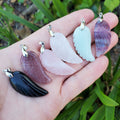 Angel Wing Pendant with Black Cord - Rainbow Fluorite, Rose Quartz, Strawberry Quartz, Caribbean Calcite, Obsidian Adjustable Necklace