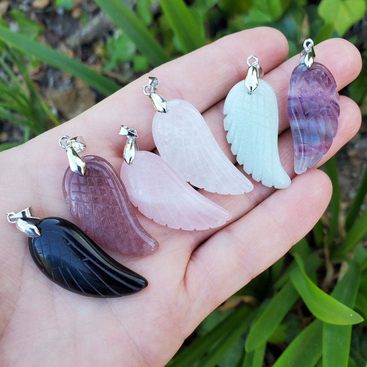 Angel Wing Pendant with Black Cord - Rainbow Fluorite, Rose Quartz, Strawberry Quartz, Caribbean Calcite, Obsidian Adjustable Necklace