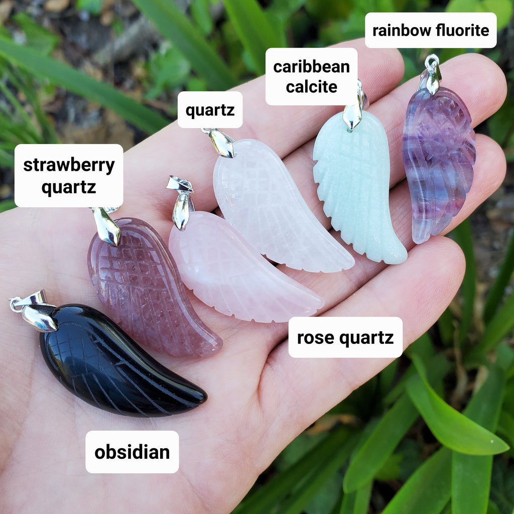 Angel Wing Pendant with Black Cord - Rainbow Fluorite, Rose Quartz, Strawberry Quartz, Caribbean Calcite, Obsidian Adjustable Necklace
