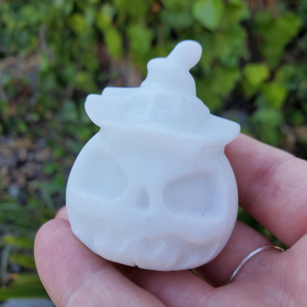 White Jade Pumpkin with Witch Hat - Peaceful, Calm, Love Energy - 2.25" White Jack O Lantern Carving Healing Gemstones Halloween