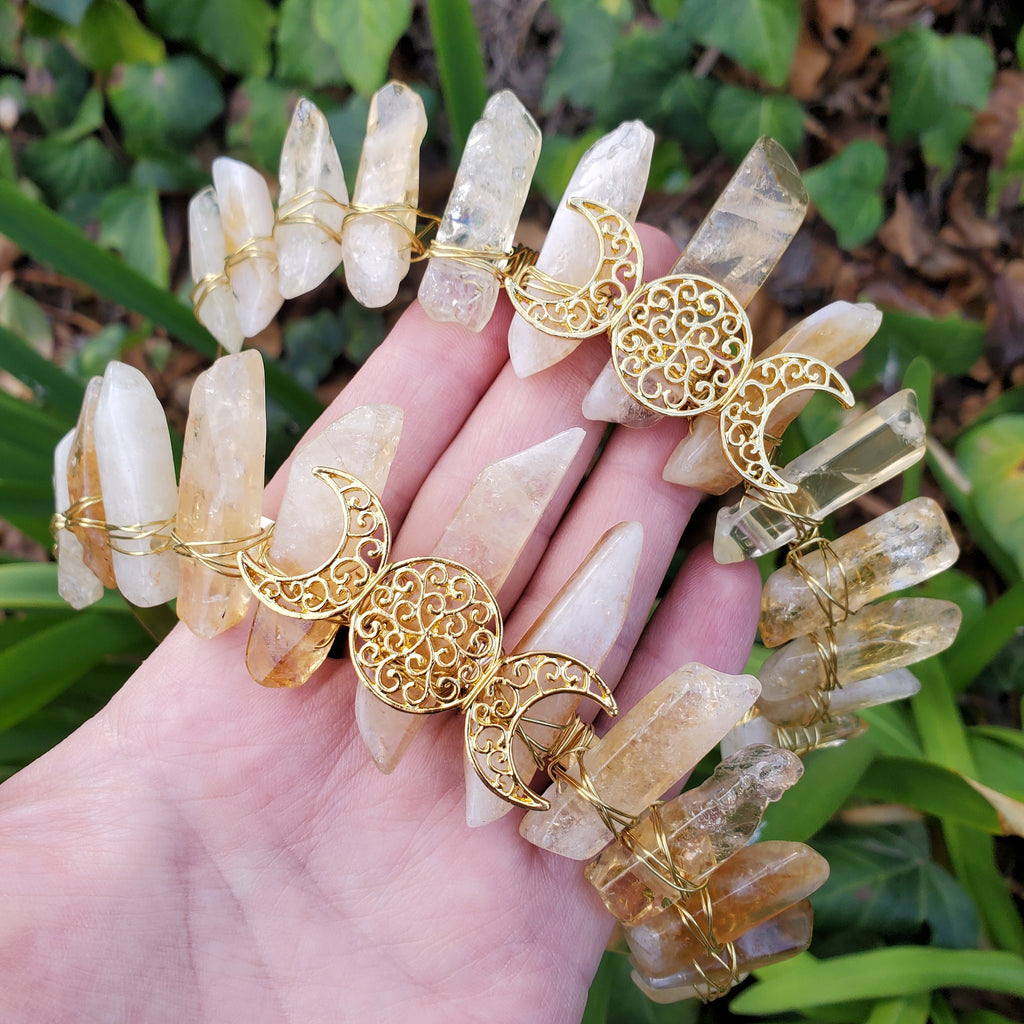 Citrine Crown with Gold Moon Phase - Abundance, Energizing, Creativity, New Beginnings - Citrine Goddess Crown Divine Healing Gemstone