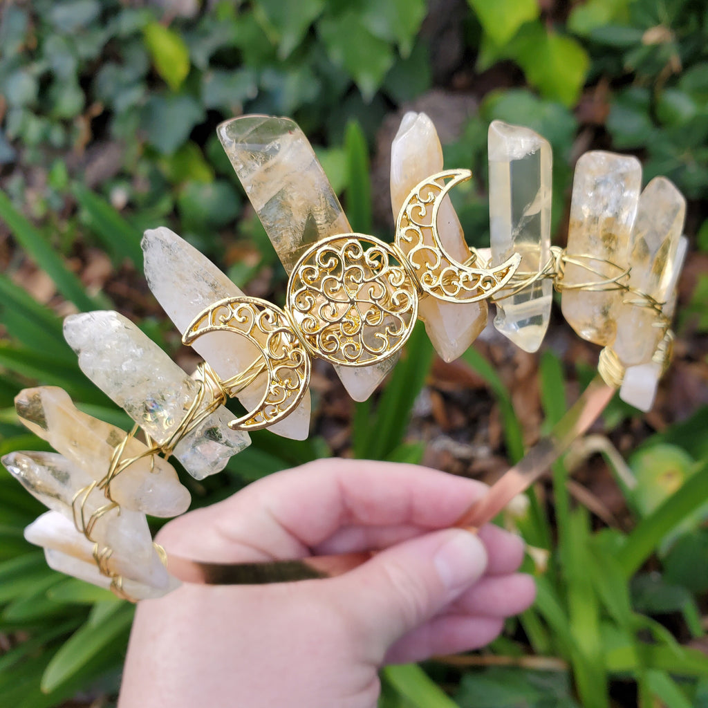 Citrine Crown with Gold Moon Phase - Abundance, Energizing, Creativity, New Beginnings - Citrine Goddess Crown Divine Healing Gemstone