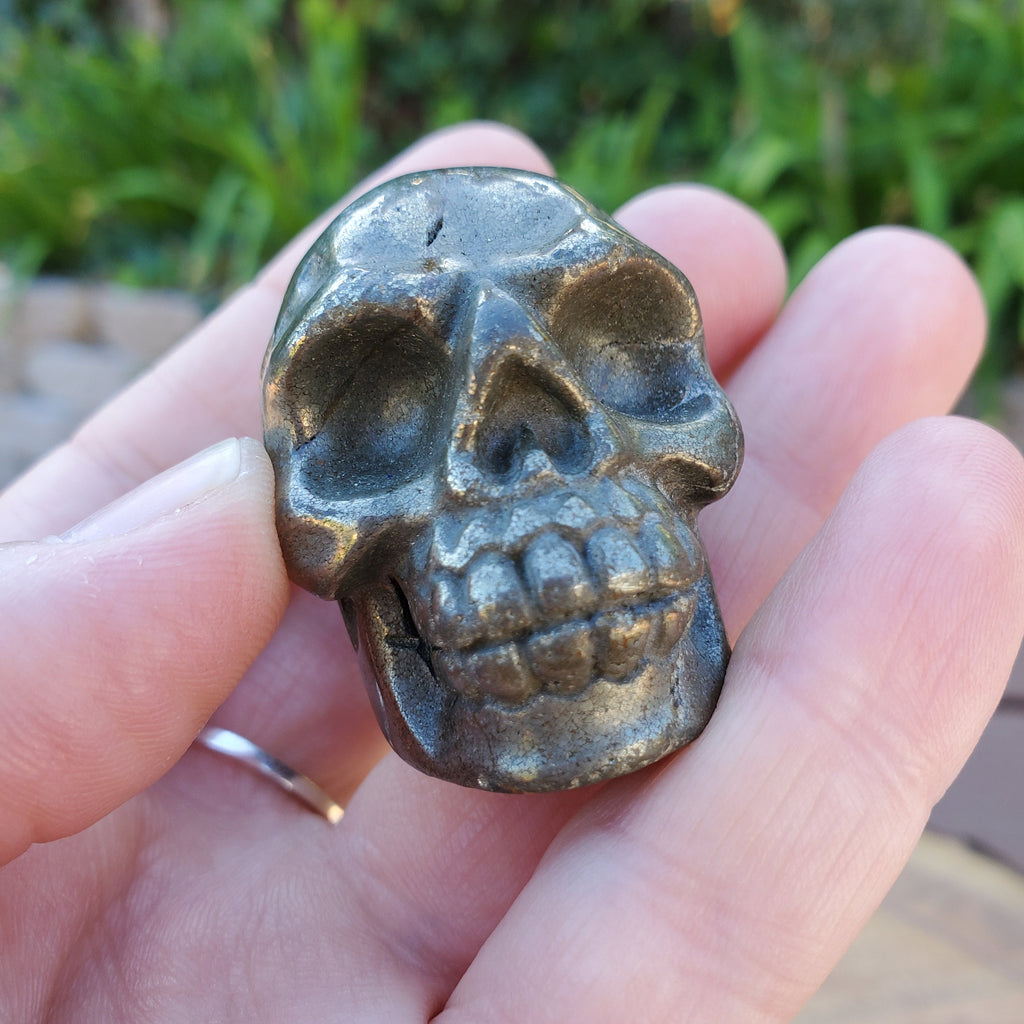 Small Pyrite Skull - Blocks Negativity, Boost Personal Power - 1.90" Carved Skull Crystal Healing Gemstones