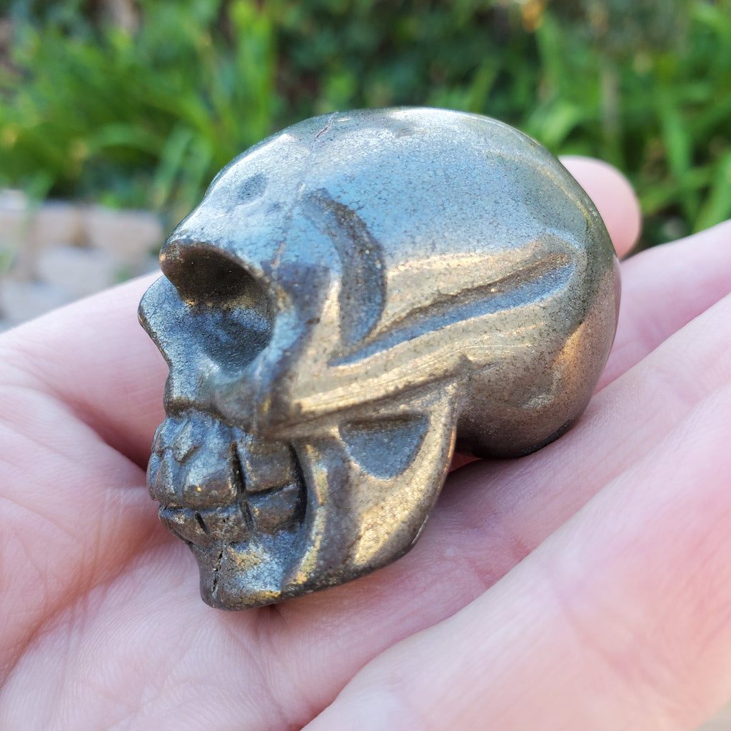 Small Pyrite Skull - Blocks Negativity, Boost Personal Power - 1.90" Carved Skull Crystal Healing Gemstones