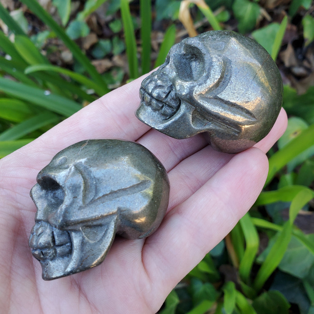 Small Pyrite Skull - Blocks Negativity, Boost Personal Power - 1.90" Carved Skull Crystal Healing Gemstones