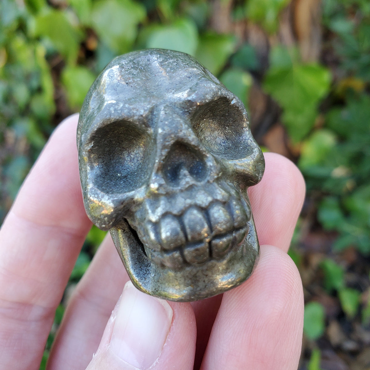 Small Pyrite Skull - Blocks Negativity, Boost Personal Power - 1.90" Carved Skull Crystal Healing Gemstones