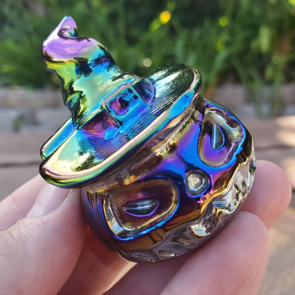 Aura Obsidian Pumpkin with Witch Hat - Self Reflection, Release Negative Energies - Aura Pumpkin Carving Healing Crystals Halloween