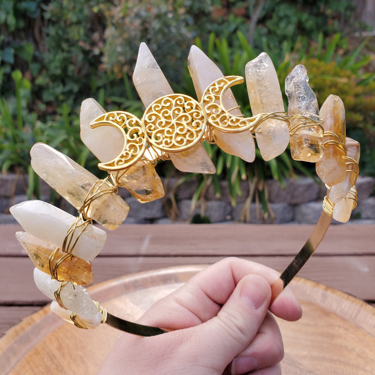 Citrine Crown with Gold Moon Phase - Abundance, Energizing, Creativity, New Beginnings - Citrine Goddess Crown Divine Healing Gemstone