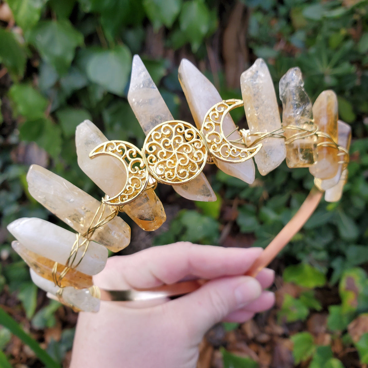 Citrine Crown with Gold Moon Phase - Abundance, Energizing, Creativity, New Beginnings - Citrine Goddess Crown Divine Healing Gemstone