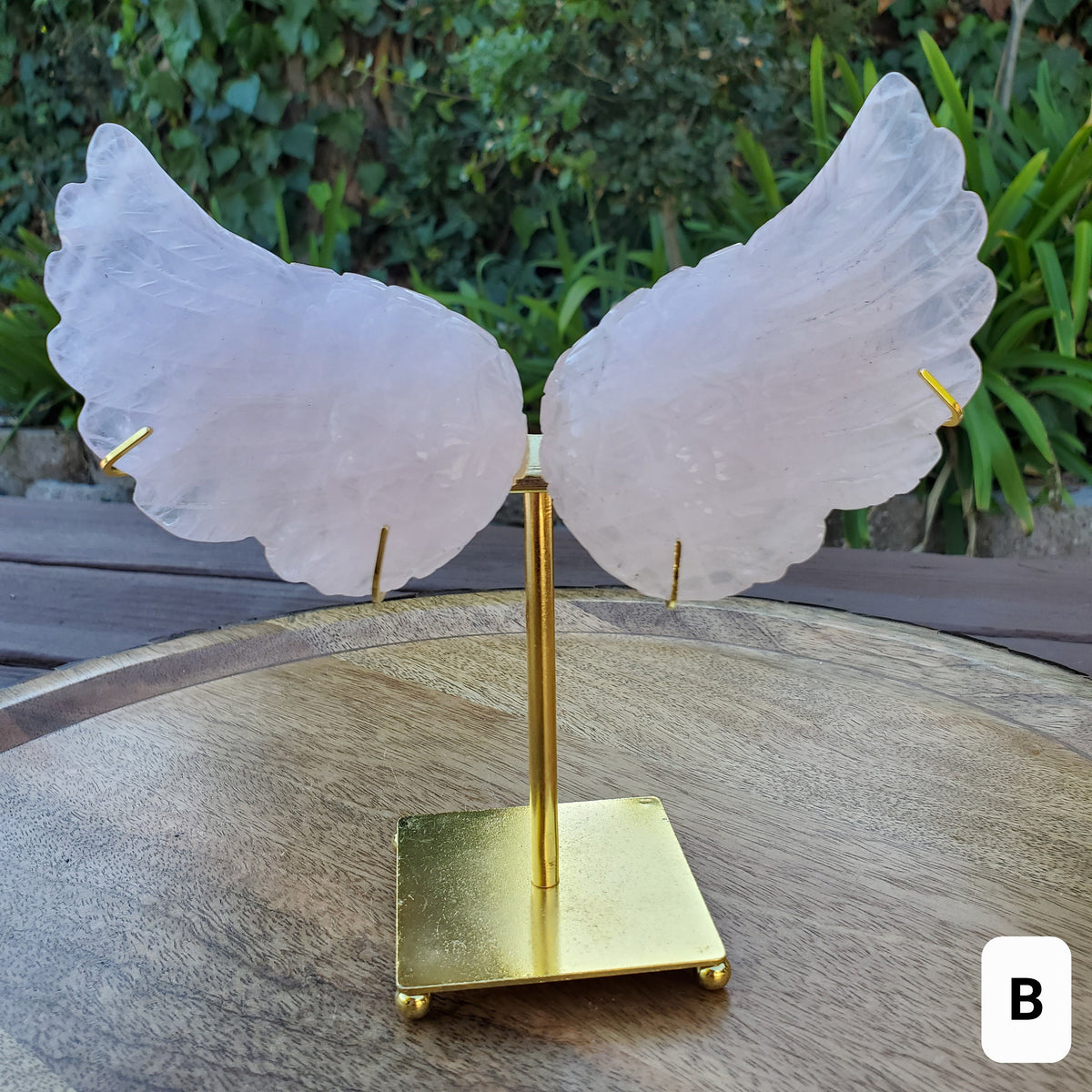 Light Rose Quartz Angel Wings with Stand: Gold or Silver - Unconditional Love, Compassion, Understanding - Pink Crystal Wings Set