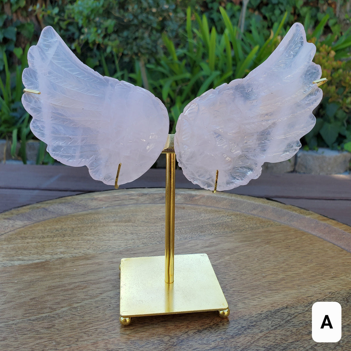 Light Rose Quartz Angel Wings with Stand: Gold or Silver - Unconditional Love, Compassion, Understanding - Pink Crystal Wings Set