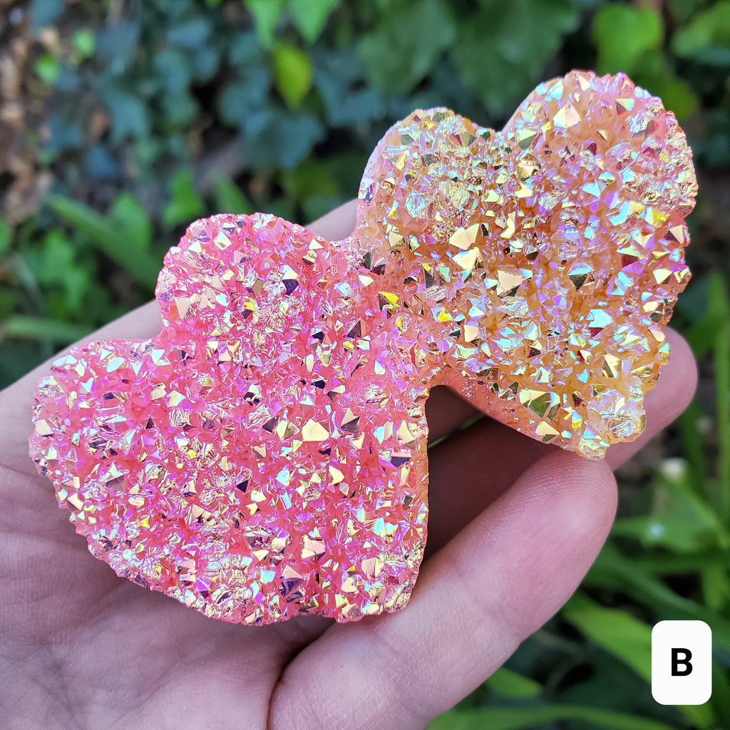 Aura Quartz Cluster Double Heart - Counteracts Negative, Energizes Positive Energy - Rainbow Cluster Heart Healing Stone Crystals Gemstones